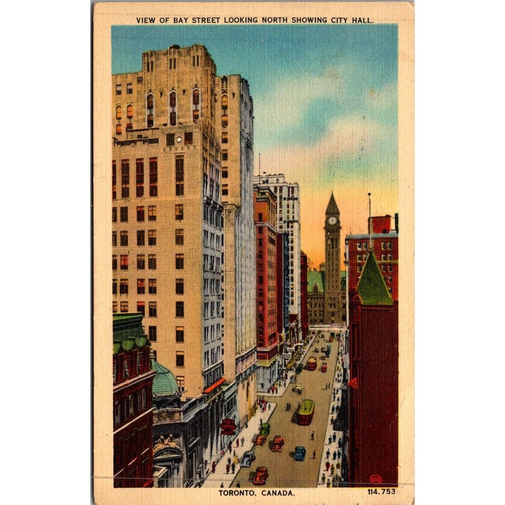 View of Bay Street Showing City Hall in Canada 1939 Vintage Postcard SP17-15